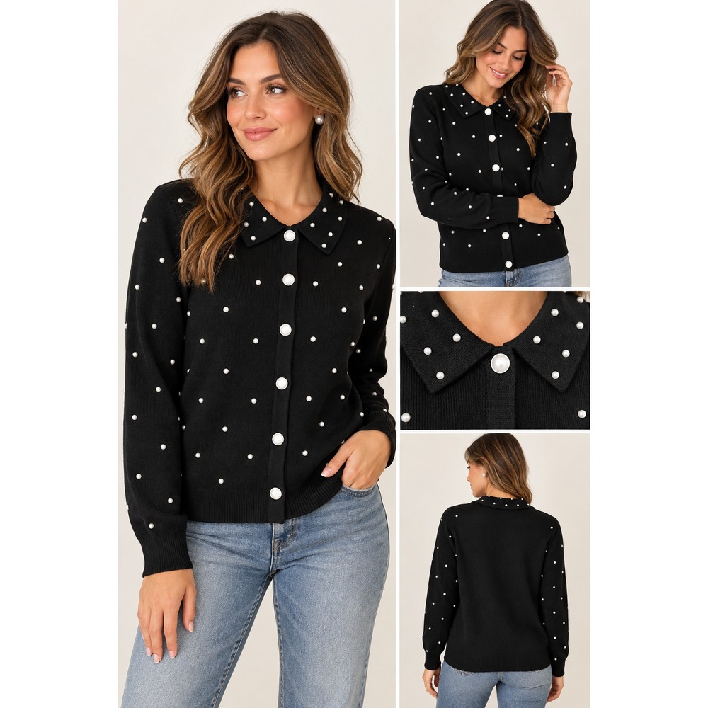 Black Pearl Cardigan XL Embellished Collared Knit Sweater Coquette Preppy NWOT